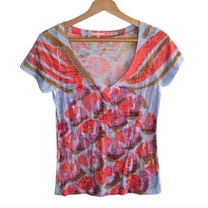 Y2K Before + Again | Colorful Boho Print Burnout V-neck Tee Size Small